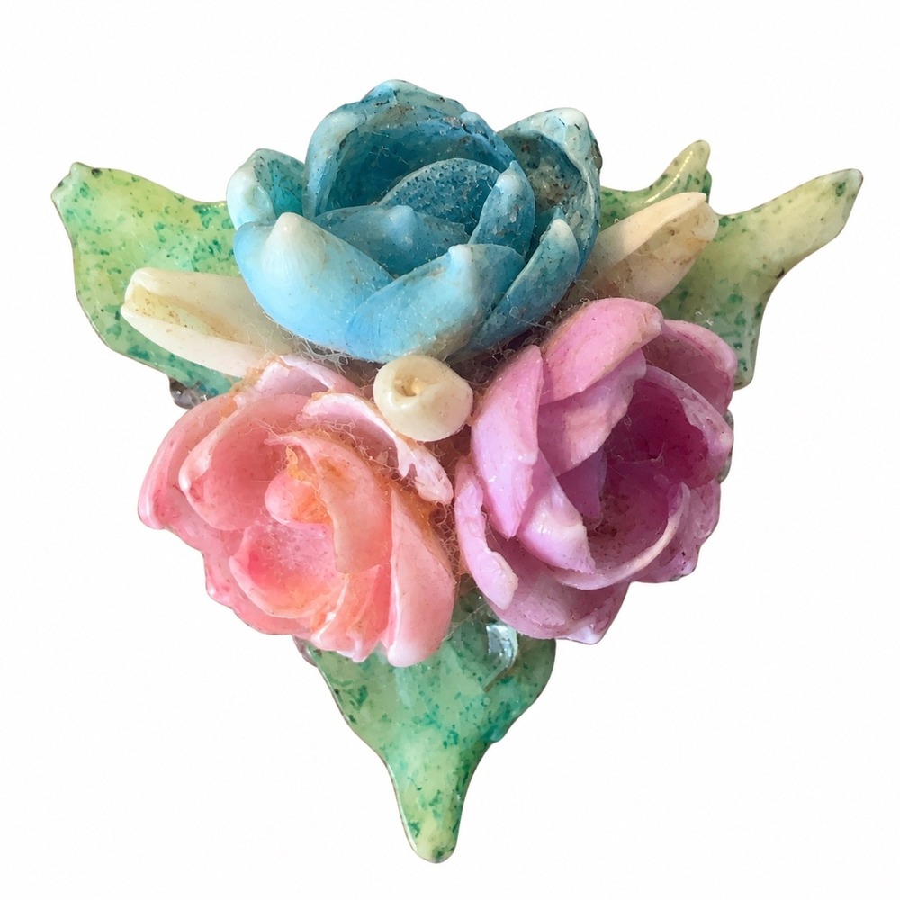 Vtg Mid Century Resin Brooch Multicolor Hand Painted Floral Rose 1.5in Pin